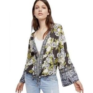 free people kimono wildflower drawstring waist full zip jacket sz xs/s boho
